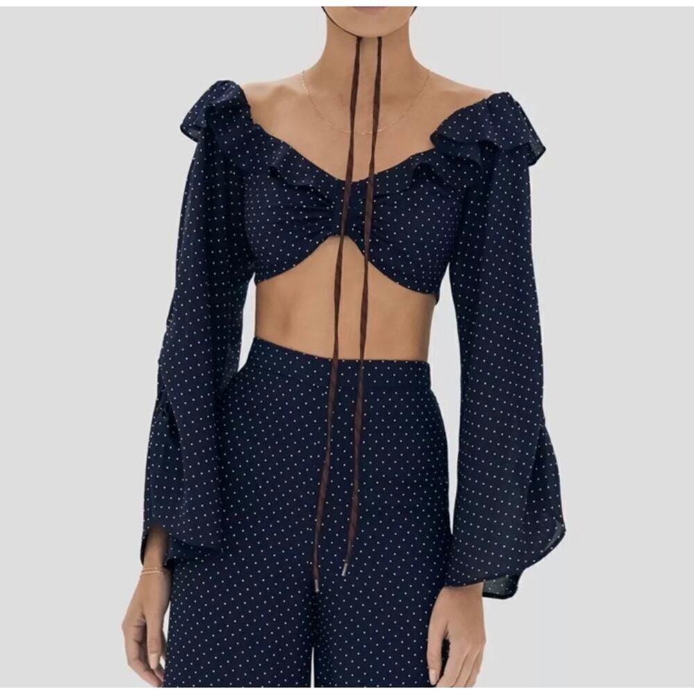 Alexis Ewa Crop Top Women's XS Navy Blue White Polka Dot Long Sleeve Bell Sleeve